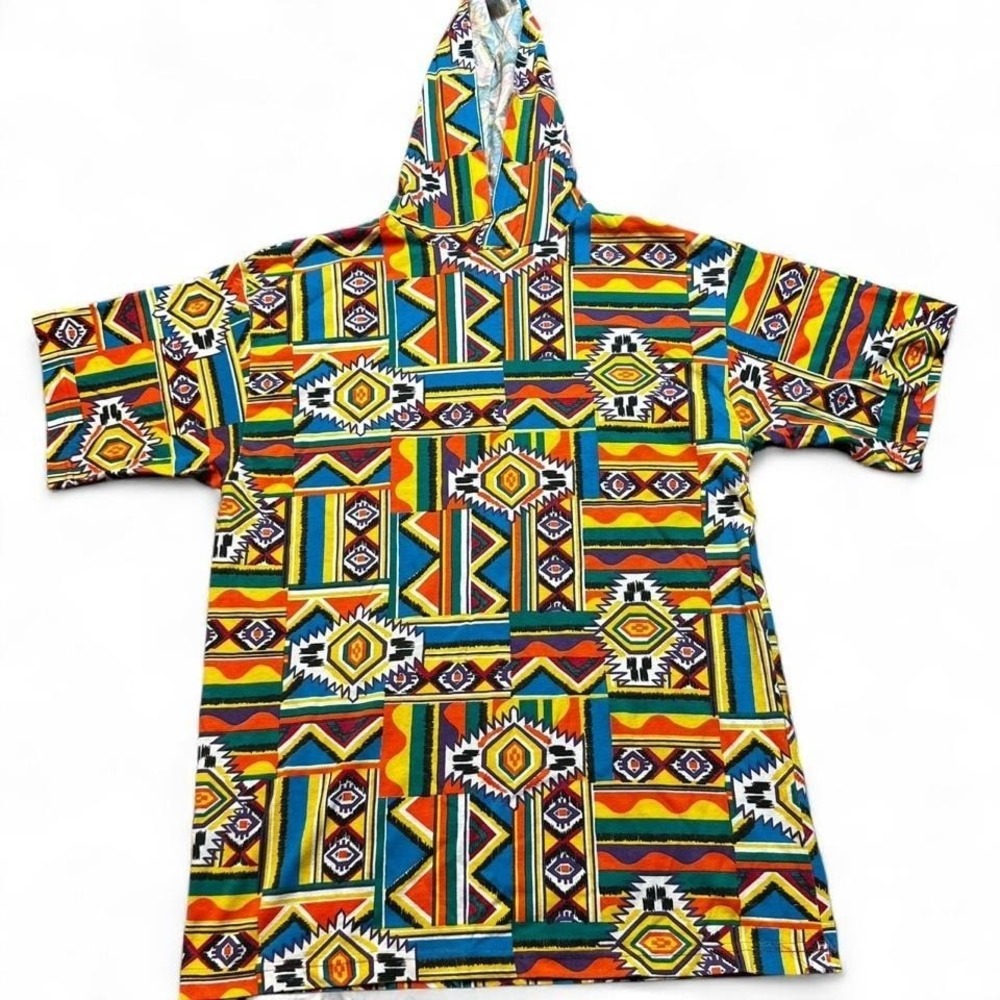 Vintage multicolor abstract hooded short sleeve funky 80s tshirt fits large